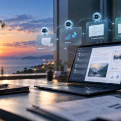 夕暮れの海を背景に、複数のAI Botが連携して情報収集・分析・発信を行うAI-Nativeワークスペース。